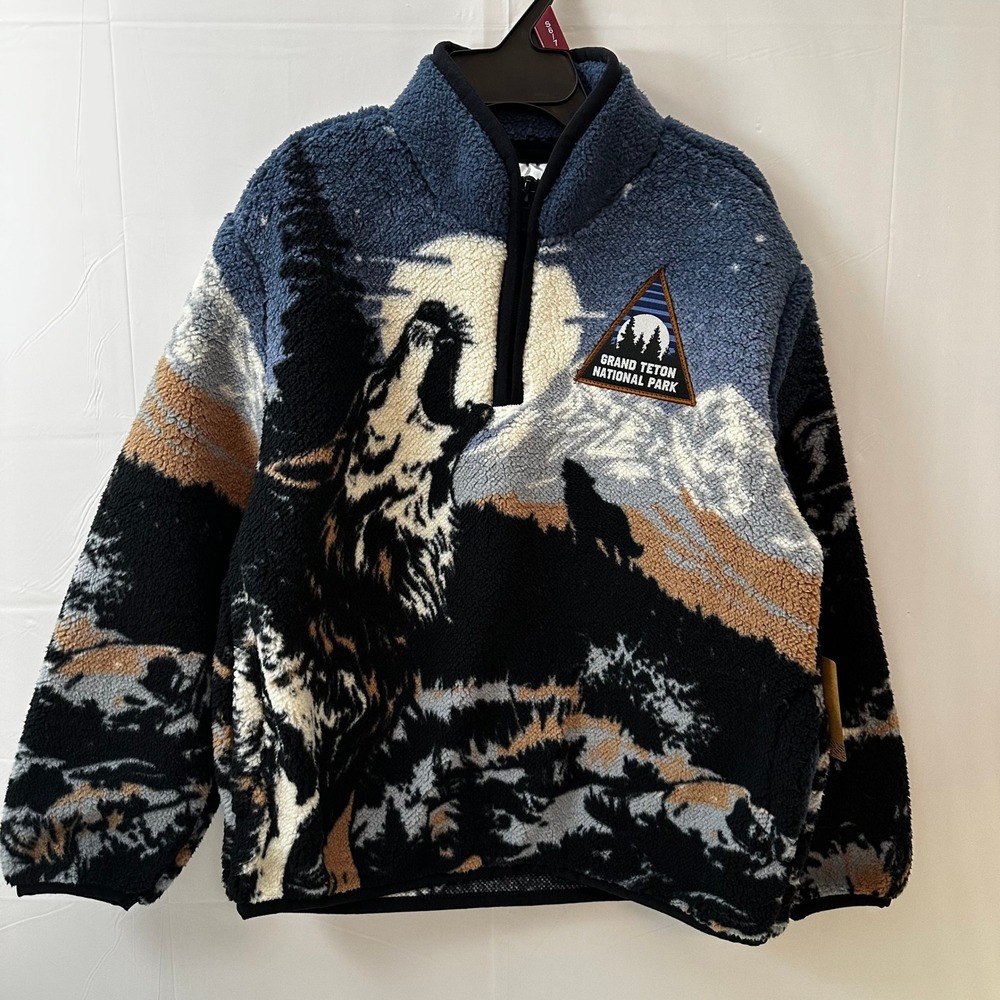 National Park Foundation Grand Teton Wolf Sherpa Fleece Quarter Zip‎ Kids Blue